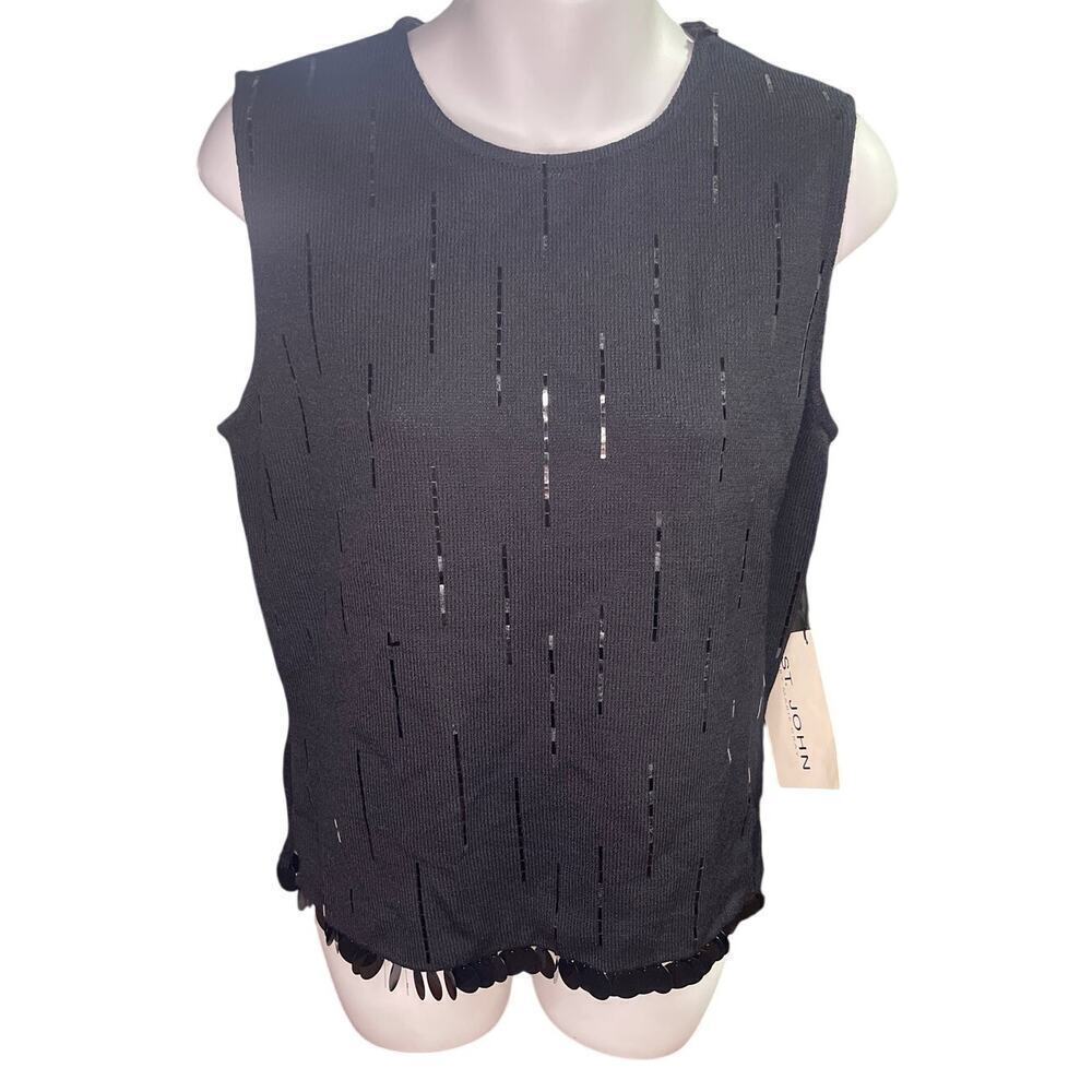 NWT St John Black Sequin Detail Hem Wool Blend Sleeveless Sweater Size 4